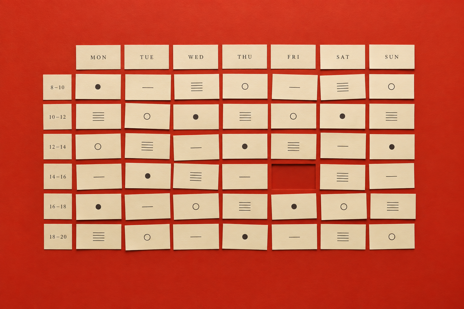 Cream paper availability strips arranged into a roster on a vermilion desk